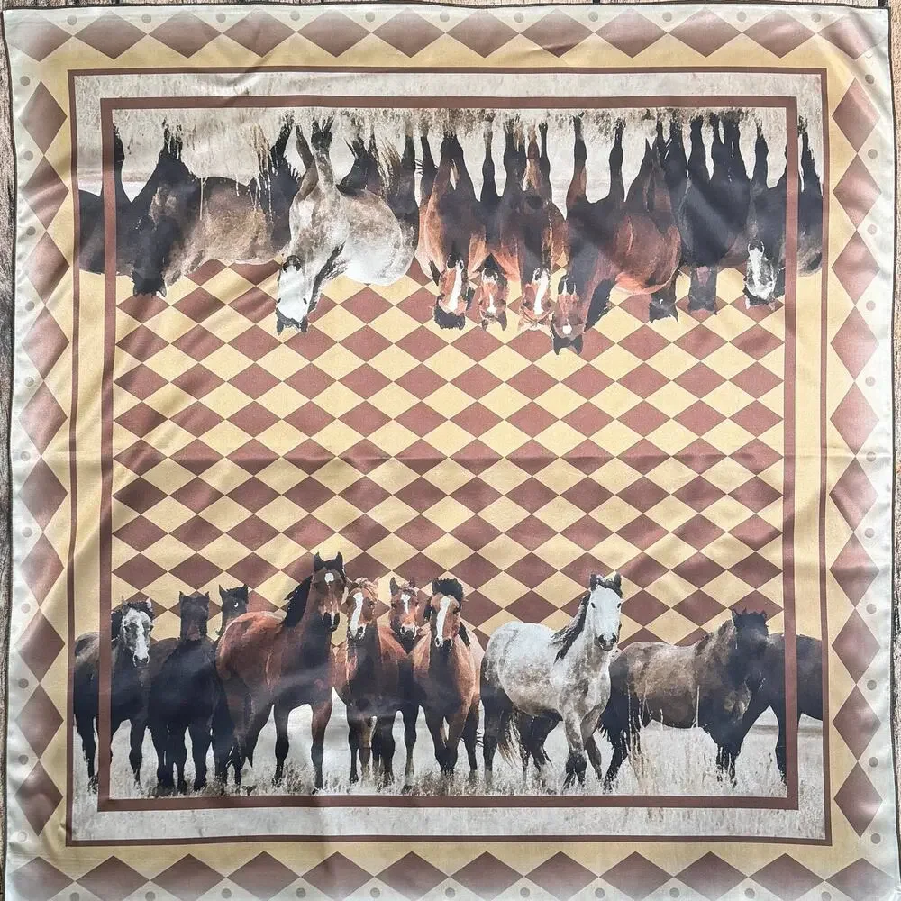 Horses Print Silky Polyester Wild Rag | 36x36 | Brown